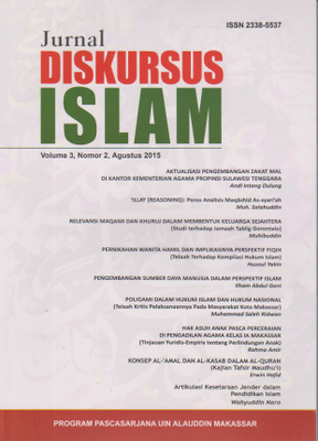 Jurnal Diskursus Islam adalah jurnal ilmiah berkala yang diterbitkan oleh Program Pascasarjana UIN Alauddin Makassar (p-ISSN: 2338-5537, e-ISSN: 2622-7223) yang memuat karya tulis ilmiah dan hasil penelitian di bidang studi Islam dan kemasyarakatan.